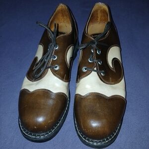 John Fluevog Brown and Cream/Ivory Derby Swirl Angelic Soles Mens 12 Angels
